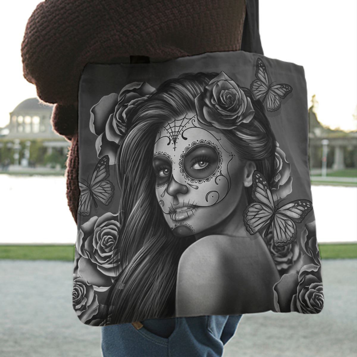 Shoulder Bag Day of the Dead - Lady with Red Flowers - Chile Mojo